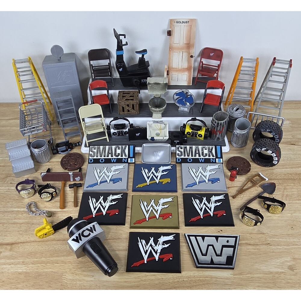 WWE Jakks Accessory Lot Wrestling WWF WCW Ladders Tables Weapons Vintage 57 Pcs